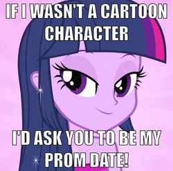 Size: 940x930 | Tagged: safe, twilight sparkle, equestria girls, g4, bedroom eyes, bronybait, date, female, fourth wall, image macro, meme, prom, solo