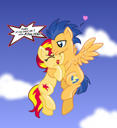 Size: 2554x2793 | Tagged: safe, artist:knight-of-bacon, flash sentry, sunset shimmer, pegasus, pony, unicorn, g4, duo, female, flying, high res, kismesis, male, mare, ship:flashimmer, shipping, stallion