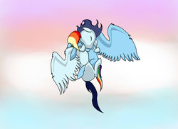 Size: 900x654 | Tagged: safe, artist:b3sea, rainbow dash, soarin', g4, blank flank, cute, eyes closed, female, floppy ears, fluffy, flying, hug, male, ship:soarindash, shipping, spread wings, straight