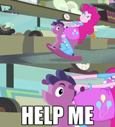Size: 500x554 | Tagged: safe, pinkie pie, a case for the bass, equestria girls, g4, my little pony equestria girls: rainbow rocks, caption, help me, image macro, meme, rocking horse