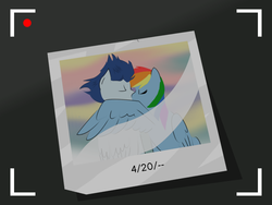 Size: 1000x750 | Tagged: safe, artist:irondash, rainbow dash, soarin', g4, 420, eyes closed, female, hug, kissing, male, photo, ship:soarindash, shipping, straight, winghug