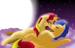 Size: 1000x650 | Tagged: safe, artist:lightybulb, flash sentry, sunset shimmer, pegasus, pony, unicorn, g4, cloud, duo, kiss on the lips, kissing, male, ship:flashimmer, shipping, stallion