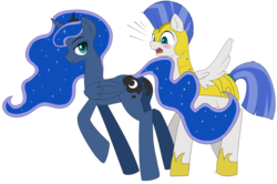 Size: 3000x1994 | Tagged: safe, artist:marble-soda, princess luna, alicorn, pegasus, pony, g4, bedroom eyes, blushing, butt, looking back, moonbutt, open mouth, plot, raised hoof, royal guard, seduction, ship:guardluna, simple background, smiling, spread wings, surprised, tail seduce, transparent background, vector, wide eyes, wingboner
