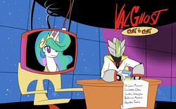 Size: 1920x1200 | Tagged: safe, artist:valcron, princess celestia, g4, bust, colored pupils, crossover, desk, duo, english, portrait, sitting, smiling, space ghost coast to coast, text