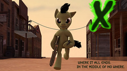 Size: 600x338 | Tagged: safe, artist:epickitty54, pony, 357, 3d, badass, bipedal, ghost town, gray, gun, solo, weapon