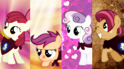 Size: 1920x1080 | Tagged: safe, artist:4everrandompuppy20, artist:fehlung, artist:solusjbj, edit, apple bloom, babs seed, scootaloo, sweetie belle, g4, cape, clothes, cutie mark crusaders, heart, smiling, tongue out, vector, wallpaper, wallpaper edit, wink