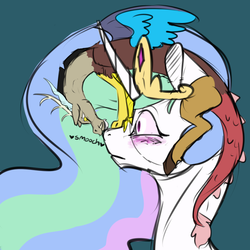 Size: 1000x1000 | Tagged: safe, artist:hawkwhisker, discord, princess celestia, g4, blushing, boop, discord riding celestia, female, frown, heart, kissing, male, micro, nose kiss, noseboop, riding, ship:dislestia, shipping, smiling, straight, wide eyes