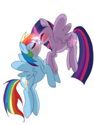 Size: 720x960 | Tagged: dead source, safe, artist:misspolycysticovary, rainbow dash, twilight sparkle, alicorn, pegasus, pony, g4, blushing, duo, eyes closed, female, flying, lesbian, mare, ship:twidash, shipping, simple background, smiling, transparent background, tumblr, twilight sparkle (alicorn)