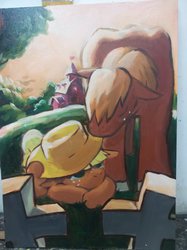 Size: 400x534 | Tagged: safe, artist:garaganzya, applejack, big macintosh, earth pony, pony, g4, crying, filly, filly applejack, male, oil painting, stallion, sweet apple acres, traditional art