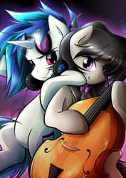 Size: 620x876 | Tagged: safe, artist:secret-pony, dj pon-3, octavia melody, vinyl scratch, earth pony, pony, unicorn, g4, cello, musical instrument