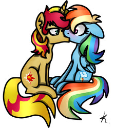 Size: 1600x1800 | Tagged: safe, artist:monnarcha, rainbow dash, sunset shimmer, pegasus, pony, unicorn, g4, blushing, dashglare, ear fluff, female, half r63 shipping, kissing, looking at each other, male, rule 63, shipping, simple background, sitting, straight, sunset glare, sunsetdash, white background