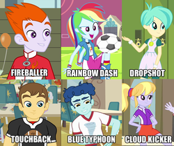 Size: 1001x845 | Tagged: safe, screencap, cloudy kicks, curly winds, heath burns, rainbow dash, some blue guy, teddy t. touchdown, tennis match, equestria girls, g4, my little pony equestria girls, athlete, background human, blue typhoon, dropshot, fireballer, implied cloud kicker, naming, old names, one of these things is not like the others, touchback