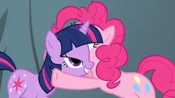 Size: 628x352 | Tagged: safe, screencap, pinkie pie, twilight sparkle, earth pony, pony, unicorn, feeling pinkie keen, g4, season 1, duo, duo female, female, hug, lidded eyes, mare, out of context, unicorn twilight