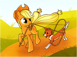 Size: 1101x816 | Tagged: safe, artist:capreola, applejack, winona, g4, lasso, mouth hold