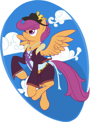 Size: 2562x3489 | Tagged: safe, artist:registered111, scootaloo, g4, badge, belt, clothes, cloud, cloudy, female, hat, high res, jacket, necklace, scootaloo can fly, shorts, solo, wonderbolt badge