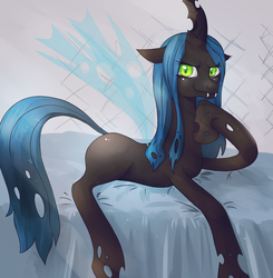 Size: 928x946 | Tagged: dead source, safe, artist:zilvtree, queen chrysalis, changeling, changeling queen, g4, bed, female, prone, smiling, solo
