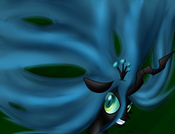 Size: 2600x2000 | Tagged: safe, artist:novaspark, queen chrysalis, changeling, changeling queen, g4, crown, fangs, female, green background, green eyes, high res, horn, jewelry, regalia, simple background, solo