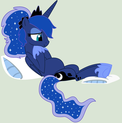 Size: 1600x1625 | Tagged: safe, artist:evilfrenzy, princess luna, g4, alternate hairstyle, bedroom eyes, cute, female, on back, pillow, ponytail, pregnant, scrunchie, show accurate, smiling, solo, vector