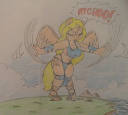 Size: 3863x3455 | Tagged: safe, artist:jppaqui, oc, oc only, oc:typhoon, anthro, anthro oc, belly button, book, breast curtains, breasts, female, high res, loincloth, midriff, sneezing, solo, traditional art, wind, wings