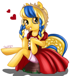 Size: 577x597 | Tagged: safe, artist:themisdolorous, oc, oc only, oc:ukraine, earth pony, pony, bloomers, clothes, cute, dress, female, heart, incorrect leg anatomy, mare, nation ponies, ocbetes, palindrome get, ponified, puffy sleeves, solo, summer, ukraine