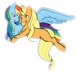 Size: 873x811 | Tagged: safe, artist:asikku, applejack, rainbow dash, earth pony, pegasus, pony, g4, alternate hairstyle, blank flank, female, hair tie, lesbian, loose hair, mare, missing freckles, ship:appledash, shipping, simple background, transparent background