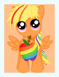 Size: 788x1013 | Tagged: safe, artist:autumn-plains, oc, oc only, oc:applejoy, pegasus, pony, apple, cute, looking at you, magical lesbian spawn, mouth hold, offspring, parent:applejack, parent:rainbow dash, parents:appledash, simple background, smiling, solo, spread wings, zap apple
