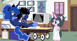Size: 1600x857 | Tagged: safe, artist:evilfrenzy, princess luna, oc, g4, canon x oc, crying, female, fetus, happy, magic, male, on back, open mouth, pillow, pregnant, shipping, smiling, straight, tears of joy, telekinesis, ultrasound