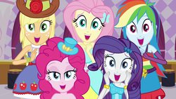 Size: 1024x576 | Tagged: safe, screencap, applejack, fluttershy, pinkie pie, rainbow dash, rarity, equestria girls, g4, bracelet, carousel boutique, clothes, dress, faic, fall formal outfits, female, hat, humane five, humane five's encounter, jewelry, lidded eyes, sleeveless, strapless, this is our big night, top hat