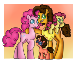 Size: 800x642 | Tagged: safe, artist:star-charm, cheese sandwich, pinkie pie, oc, oc:cherry frosting, oc:color flare, g4, family, female, glasses, heartwarming in hindsight, male, offspring, parent:cheese sandwich, parent:pinkie pie, parents:cheesepie, ship:cheesepie, shipping, straight