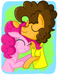 Size: 779x1025 | Tagged: safe, artist:jollyjoltik, cheese sandwich, pinkie pie, g4, eyes closed, female, floppy ears, hug, male, ship:cheesepie, shipping, smiling, straight