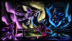 Size: 1184x675 | Tagged: dead source, safe, artist:auroriia, princess cadance, princess celestia, princess luna, twilight sparkle, alicorn, pony, g4, season 4, twilight's kingdom, alicorn tetrarchy, aurora borealis, balcony, female, mare, song, twilight sparkle (alicorn)