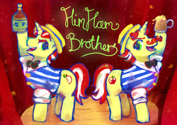 Size: 800x566 | Tagged: safe, artist:scarlet-songstress, flam, flim, g4, cider, duo, flim flam brothers, tonic