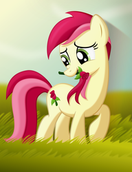 Size: 4960x6448 | Tagged: safe, artist:tajarnia, roseluck, pony, g4, absurd resolution, cute, female, flower, flower in mouth, grass, mouth hold, rose, solo