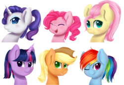 Size: 5848x4012 | Tagged: safe, artist:chiweee, applejack, fluttershy, pinkie pie, rainbow dash, rarity, twilight sparkle, g4, absurd resolution, alternate hairstyle, bedroom eyes, blushing, cute, eyes closed, grin, happy, high ponytail, lip bite, looking at you, mane six, open mouth, ponytail, smiling, wink