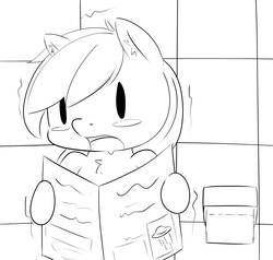 Size: 2000x1901 | Tagged: safe, artist:randy, oc, oc only, oc:aryanne, alien, bathroom, black and white, cold sweat, comic, female, grayscale, implied pooping, monochrome, newspaper, pooping, shivering, sitting on toilet, sketch, solo, taking a shit, toilet