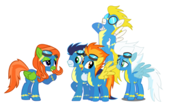 Size: 2204x1384 | Tagged: safe, artist:offical-lunaflaire, fleetfoot, soarin', spitfire, surprise (g4), oc, pegasus, pony, g4, clothes, female, goggles, male, mare, simple background, spread wings, stallion, transparent background, uniform, wings, wonderbolts uniform