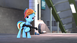 Size: 2560x1440 | Tagged: safe, artist:coloredghost, rainbow dash, g4, 3d, female, gmod, gun, solo