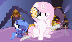 Size: 1024x590 | Tagged: safe, artist:pasteldoveponyartist, princess celestia, princess luna, gamer luna, g4, baby, cewestia, controller, cute, diaper, eyes closed, filly, headset, magic, open mouth, smiling, woona, younger