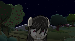 Size: 1980x1080 | Tagged: safe, artist:radiationalpha, artist:scarecrow8642, octavia melody, earth pony, pony, g4, apple, apple tree, barn, female, fence, night, solo, tree, yandere