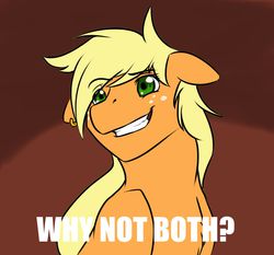 Size: 1259x1171 | Tagged: safe, artist:tattoorex, applejack, g4, earring, female, floppy ears, grin, meme, parody, smiling, solo, why not both