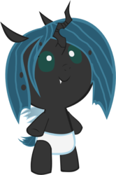 Size: 556x835 | Tagged: source needed, useless source url, safe, artist:megarainbowdash2000, queen chrysalis, changeling, changeling queen, nymph, g4, baby, baby changeling, baby chrysalis, baby pony, bipedal, cute, cutealis, cuteling, diaper, fangs, female, filly, filly queen chrysalis, foal, simple background, smiling, solo, transparent background, vector, younger