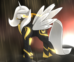 Size: 2600x2200 | Tagged: safe, artist:marik azemus34, oc, oc only, alicorn, pony, alicorn oc, armor, frown, glowing eyes, high res, looking back, rain, serious face, solo, spread wings, the elder scrolls