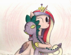 Size: 1280x995 | Tagged: dead source, safe, artist:thefriendlyelephant, princess cadance, spike, alicorn, dragon, pony, g4, duo, duo male and female, female, hug, male, mare, one eye closed, royalty, traditional art