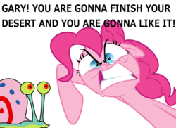 Size: 1601x1168 | Tagged: safe, pinkie pie, earth pony, pony, g4, pinkie pride, angry, dialogue, dying for pie, female, gary the snail, image macro, male, mare, meme, ragey pie, simple background, spongebob squarepants, transparent background