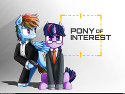 Size: 2048x1536 | Tagged: safe, artist:jasper77wang, rainbow dash, twilight sparkle, g4, clothes, coat, crossover, glasses, gun, harold finch, john reese, necktie, parody, person of interest, pistol, shirt, tuxedo, weapon