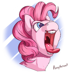 Size: 600x600 | Tagged: dead source, safe, artist:php187, pinkie pie, earth pony, pony, g4, abstract background, burp, bust, cheek fluff, colored pupils, female, fluffy, happy, horses doing horse things, mare, maw, mawshot, neck fluff, open mouth, portrait, silly face, smiling, solo, throat bulge, tongue out, uvula