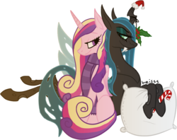 Size: 834x661 | Tagged: safe, artist:heisssaurus, princess cadance, queen chrysalis, alicorn, changeling, changeling queen, pony, g4, candy cane, christmas, clothes, fangs, female, hat, holly, lesbian, pillow, santa hat, scarf, ship:cadalis, shipping