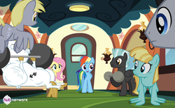 Size: 700x435 | Tagged: safe, screencap, bulk biceps, derpy hooves, fluttershy, helia, rainbow dash, thunderlane, pegasus, pony, equestria games (episode), g4, official, female, friendship express, hub logo, mare, weight lifting, weights, wing-ups