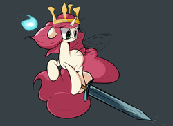 Size: 1280x931 | Tagged: safe, artist:turtlefarminguy, pony, aurora (child of light), child of light, crown, igniculus, ponified, solo, sword