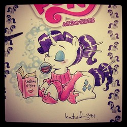 Size: 640x640 | Tagged: safe, artist:katie cook, idw, official comic, rarity, pony, unicorn, g4, micro-series #3, my little pony micro-series, book, bunny slippers, clothes, comic cover, cover, cover art, female, horn, mare, slippers, solo, sweater, traditional art, variant cover, wine